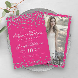 Elegantes Silver Hot Pink Confetti Foto Sweet 16 Einladung