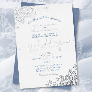 Elegantes Silver Lace & Dusty Blue auf White Weddi Folieneinladung