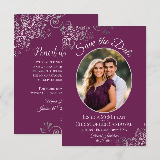 Elegantes Silver Lace & Foto auf Magenta Wedding Save The Date (Vorne/Hinten)