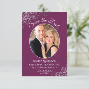 Elegantes Silver Lace & Foto auf Magenta Wedding Save The Date