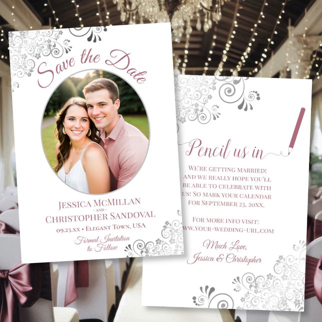 Elegantes Silver Lace Foto Mauve auf White Wedding Save The Date (Front/Back)