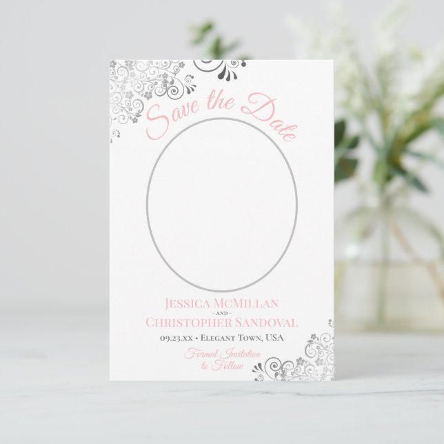 Elegantes Silver Lace Foto Pink Gray White Wedding Save The Date (Stehend Vorderseite)