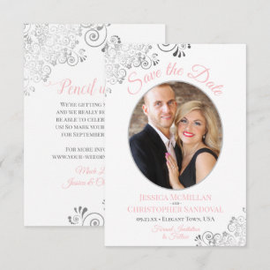 Elegantes Silver Lace Foto Pink Gray White Wedding Save The Date
