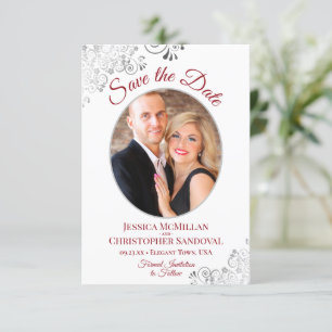 Elegantes Silver Lace Foto Red auf White Wedding Save The Date