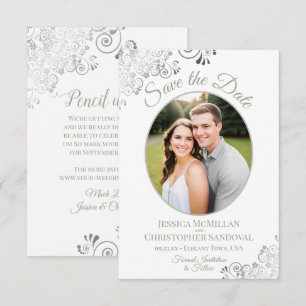 Elegantes Silver Lace Foto Sage on White Wedding Save The Date