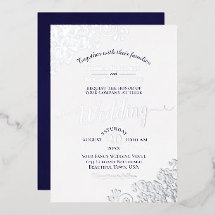 Elegantes Silver Lace & Navy Blue auf White Weddin Folieneinladung