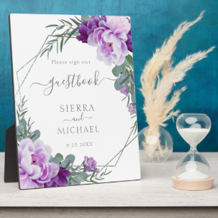 Elegantes Silver & Lila Floral Wedding Guestbook Fotoplatte