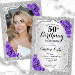 Elegantes Silver Lila Foto 50. Geburtstag Einladung<br><div class="desc">Elegante florale feminine 50. Geburtstagseinladung mit Ihrem Foto auf der Kartenrückseite. Glam-Design mit Imitaten Glitzer Silber. Verfügt über silberne Streifen, lila Rose, Skript-Schriftart und Konfetti. Ideal für ein stilvolles Party für Erwachsene. Personalisieren Sie Ihre persönlichen Daten. Kann für jedes Alter angepasst werden! Gedruckte Zazzle Einladungen oder Sofortdownload digitalen druckbaren Vorlage....</div>