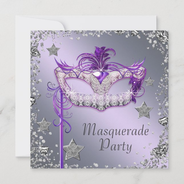 Elegantes Silver Lila Masquerade Party Einladung (Vorderseite)