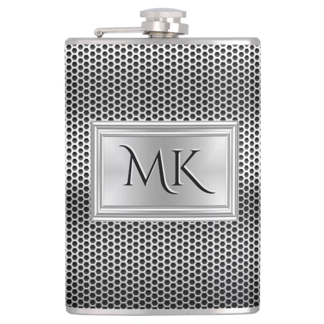 Elegantes Silver Metal Mesh-Look Monogram Flachmann (Vorderseite)