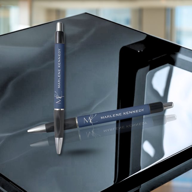 Elegantes Silver Monogram Navy Blue Logo Kugelschreiber (Von Creator hochgeladen)