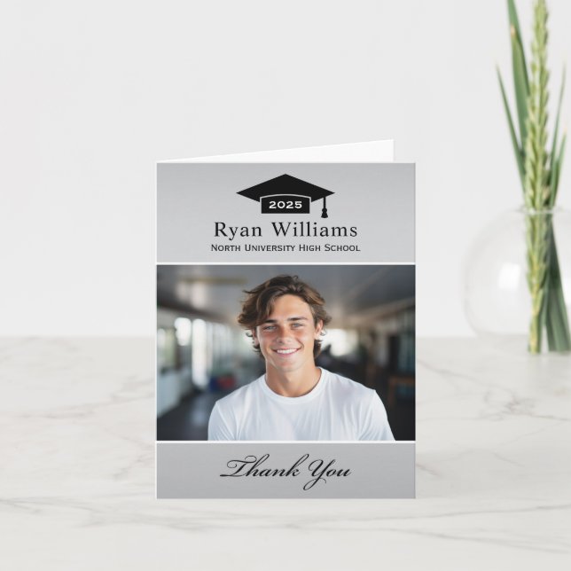 Elegantes Silver Personalisiert Abschluss Foto Dankeskarte (Vorderseite)