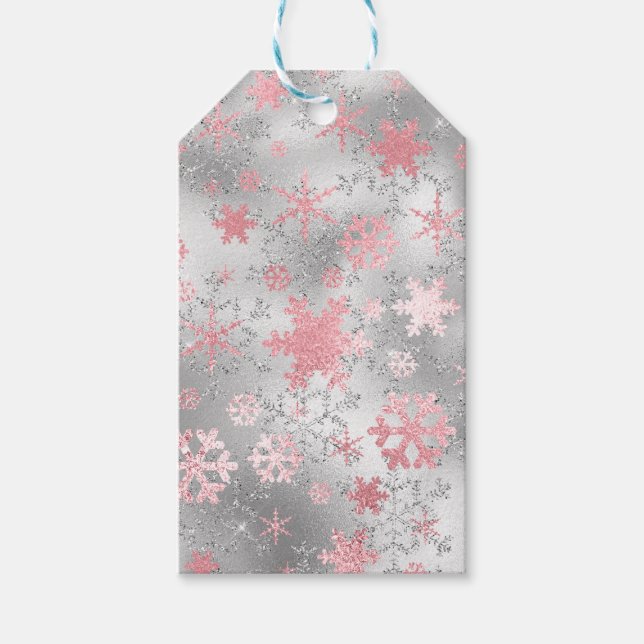 Elegantes Silver Pink Weihnachten Schneeflockenmus Geschenkanhänger (Vorderseite)
