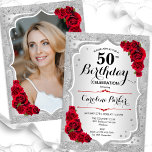 Elegantes Silver Red Foto 50. Geburtstag Einladung<br><div class="desc">Elegante florale feminine 50. Geburtstagseinladung mit Ihrem Foto auf der Kartenrückseite. Glam-Design mit Imitaten Glitzer Silber. Verfügt über silberne Streifen, rote Rosen, Skript-Schriftart und Konfetti. Ideal für ein stilvolles Party für Erwachsene. Personalisieren Sie Ihre persönlichen Daten. Kann für jedes Alter angepasst werden! Gedruckte Zazzle Einladungen oder Sofortdownload digitalen druckbaren Vorlage....</div>