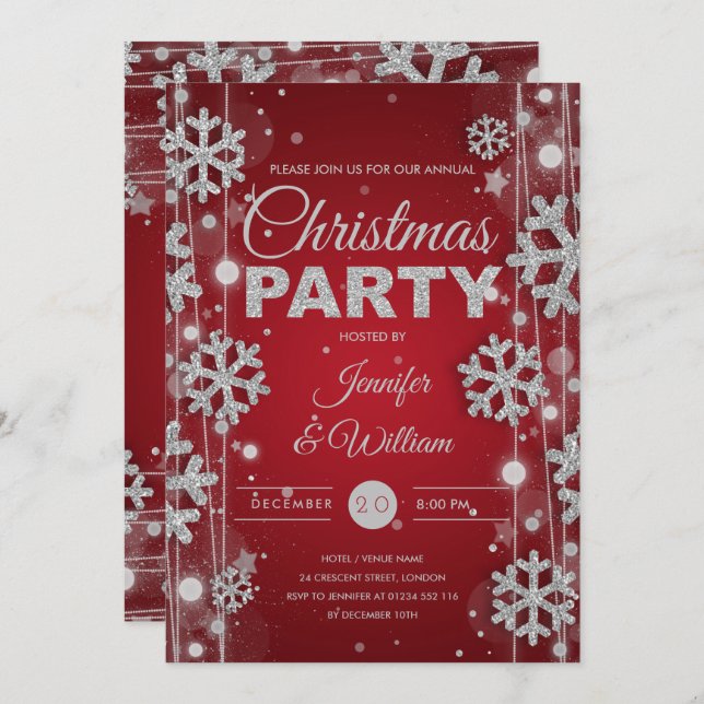 Elegantes Silver Red Winter Glam Weihnachts-Party Einladung (Vorne/Hinten)