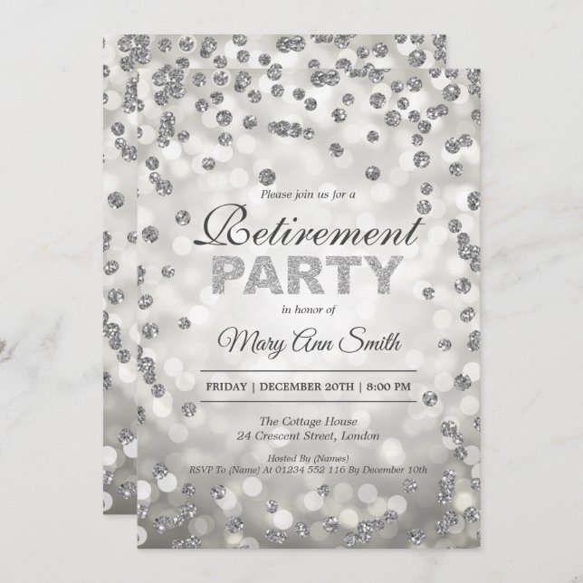 Elegantes Silver Retirement Party Confetti & Light Einladung (Vorne/Hinten)