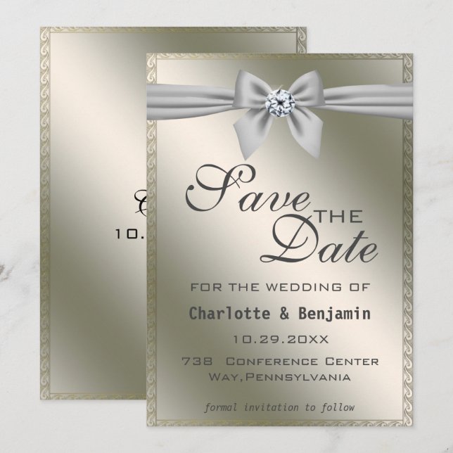 Elegantes Silver Ribbon & Gemstone Save the Date (Vorne/Hinten)
