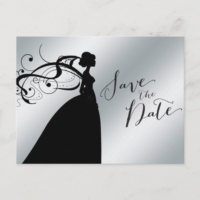 Elegantes Silver Save the Date mit Bride Ankündigungspostkarte (Vorderseite)