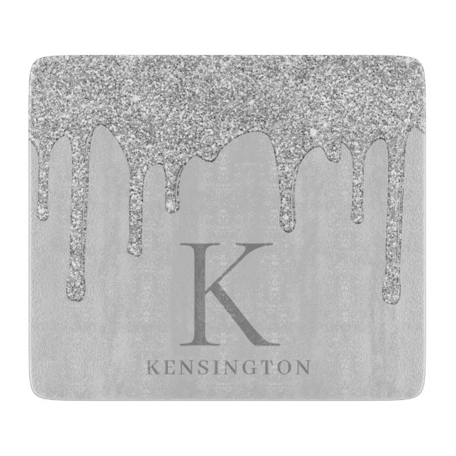 Elegantes Silver Sparkle Glitzer Tropfen Monogram Schneidebrett (Vorderseite)