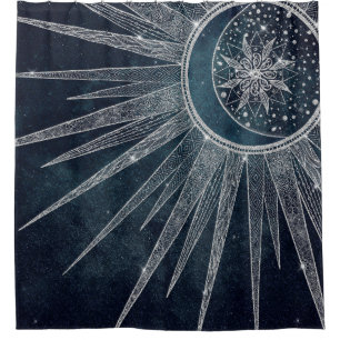Elegantes Silver Sun Moon Doodle Mandala Blaues De Duschvorhang