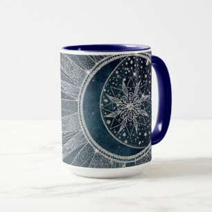 Elegantes Silver Sun Moon Doodle Mandala Blaues De Tasse