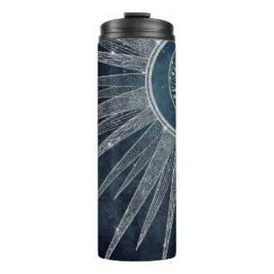 Elegantes Silver Sun Moon Doodle Mandala Blaues De Thermosbecher