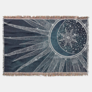 Elegantes Silver Sun Moon Doodle Mandala Blue Desi Decke