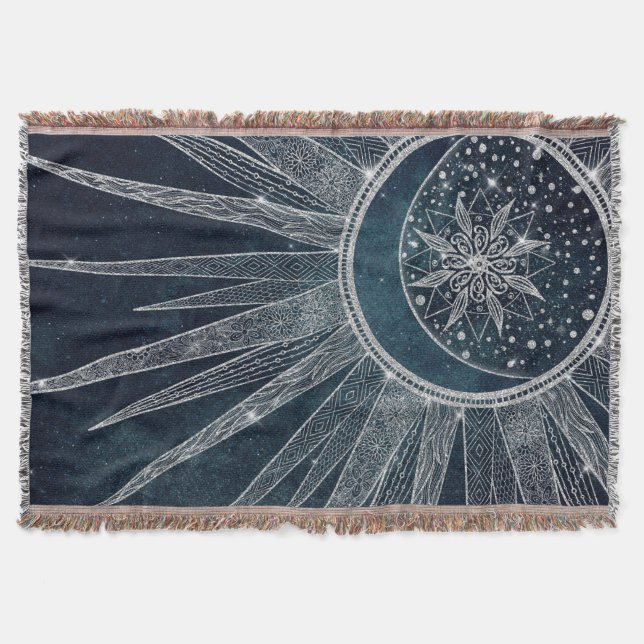 Elegantes Silver Sun Moon Doodle Mandala Blue Desi Decke (Vorderseite)