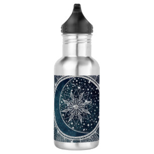 Elegantes Silver Sun Moon Doodle Mandala Blue Desi Edelstahlflasche