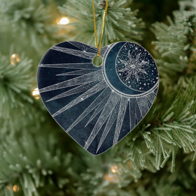 Elegantes Silver Sun Moon Doodle Mandala Blue Desi Keramik Ornament (Baum)