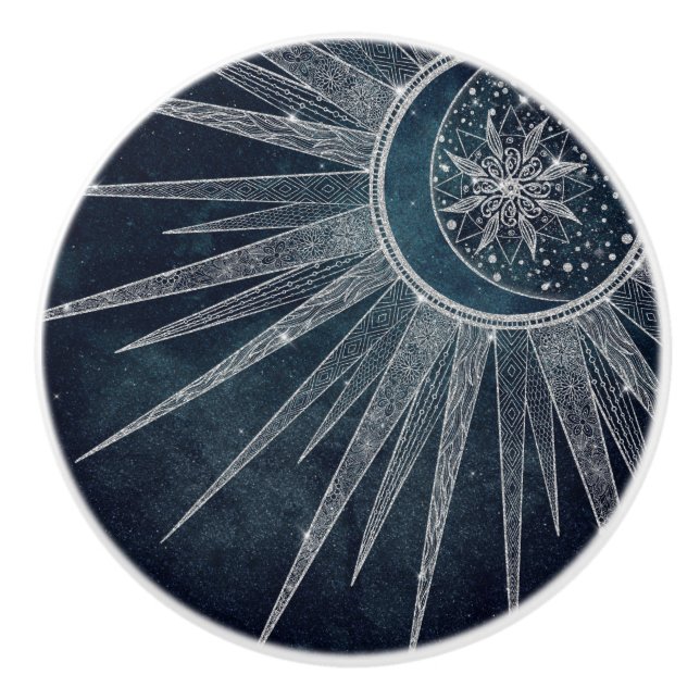 Elegantes Silver Sun Moon Doodle Mandala Blue Desi Keramikknauf (Vorderseite)