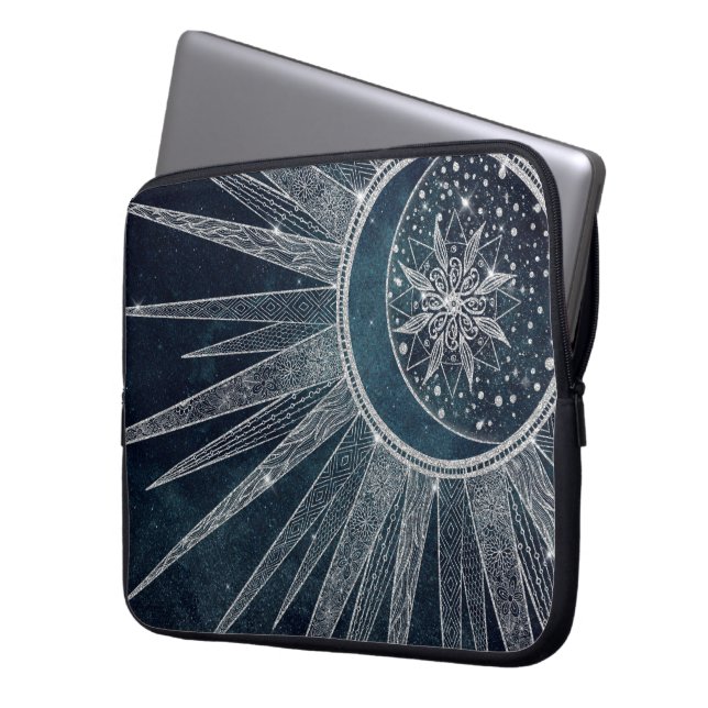 Elegantes Silver Sun Moon Doodle Mandala Blue Desi Laptopschutzhülle (Vorderseite Links)