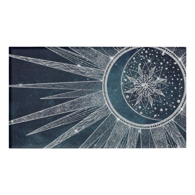 Elegantes Silver Sun Moon Doodle Mandala Blue Desi Namenschild (Vorderseite)