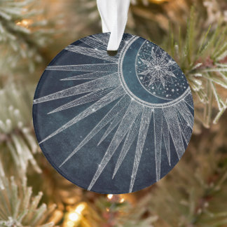 Elegantes Silver Sun Moon Doodle Mandala Blue Desi Ornament