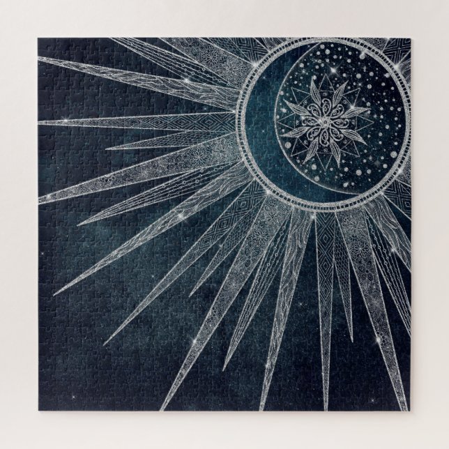 Elegantes Silver Sun Moon Doodle Mandala Blue Desi Puzzle (Vertikal)