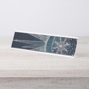 Elegantes Silver Sun Moon Doodle Mandala Blue Desi Schreibtischnamensplakette