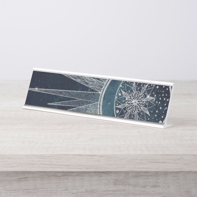 Elegantes Silver Sun Moon Doodle Mandala Blue Desi Schreibtischnamensplakette (Vorderseite )