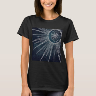 Elegantes Silver Sun Moon Doodle Mandala Blue Desi T-Shirt