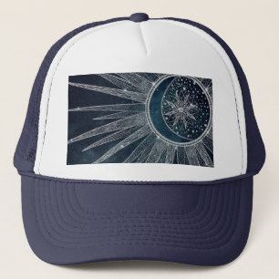 Elegantes Silver Sun Moon Doodle Mandala Blue Desi Truckerkappe