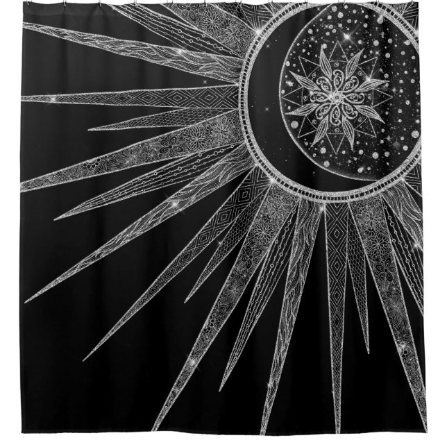 Elegantes Silver Sun Moon Mandala Black Design Duschvorhang (Vorderseite)
