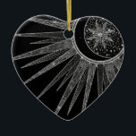 Elegantes Silver Sun Moon Mandala Black Design Keramik Ornament<br><div class="desc">Hübsches, weißes, silbergraues Sonne- und Mondmandala-Design mit Blume und Blätter Doodles, Sternen, Punkten, Diamanten, Kreisen, Dreiecksformen, Zickzack, Meerjungstatur, geometrisches Muster, mit einem grauen silberfarbenen und weißen Imitat Glitzer glänzend Glitzern-Textur, mit einer halbmondleuchtenden Bühne, einem mandala Blumen Stern, auf einem dunkelblauen Neonblau Bula, Galaxie Sterne, Mitternacht blauer Hintergrund. Dieses wunderschöne, mystische...</div>