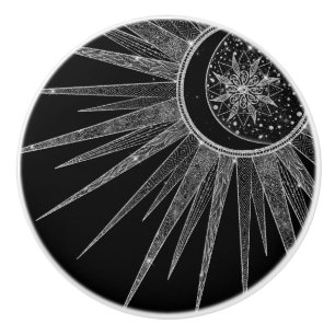 Elegantes Silver Sun Moon Mandala Black Design Keramikknauf
