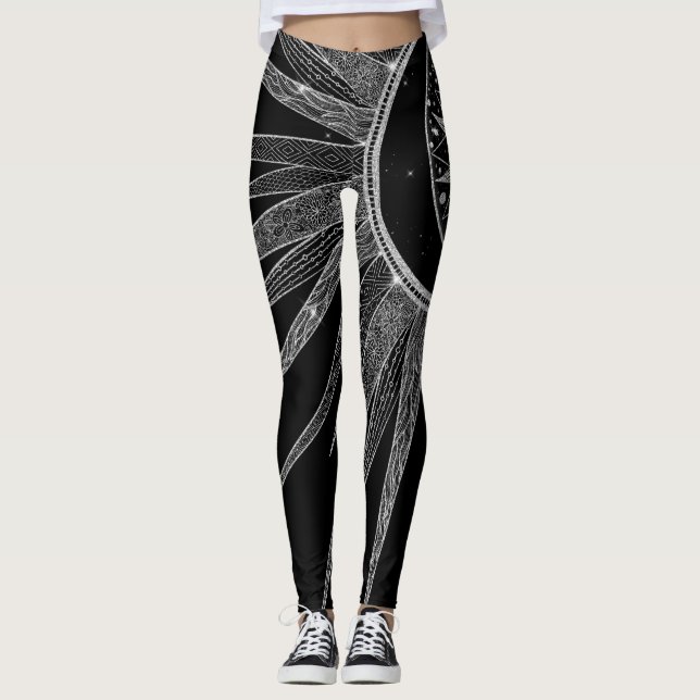 Elegantes Silver Sun Moon Mandala Black Design Leggings (Vorderseite)