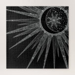 Elegantes Silver Sun Moon Mandala Black Design Puzzle<br><div class="desc">Hübsches, weißes, silbergraues Sonne- und Mondmandala-Design mit Blume und Blätter Doodles, Sternen, Punkten, Diamanten, Kreisen, Dreiecksformen, Zickzack, Meerjungstatur, geometrisches Muster, mit einem grauen silberfarbenen und weißen Imitat Glitzer glänzend Glitzern-Textur, mit einer halbmondleuchtenden Bühne, einem mandala Blumen Stern, auf einem dunkelblauen Neonblau Bula, Galaxie Sterne, Mitternacht blauer Hintergrund. Dieses wunderschöne, mystische...</div>