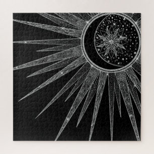 Elegantes Silver Sun Moon Mandala Black Design Puzzle
