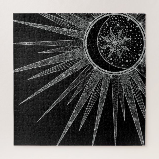 Elegantes Silver Sun Moon Mandala Black Design Puzzle (Vertikal)