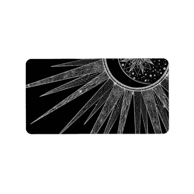 Elegantes Silver Sun Moon Mandala Schwarzes Design Adressaufkleber (Vorne)
