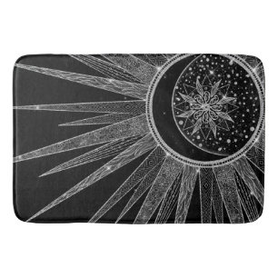 Elegantes Silver Sun Moon Mandala Schwarzes Design Badematte