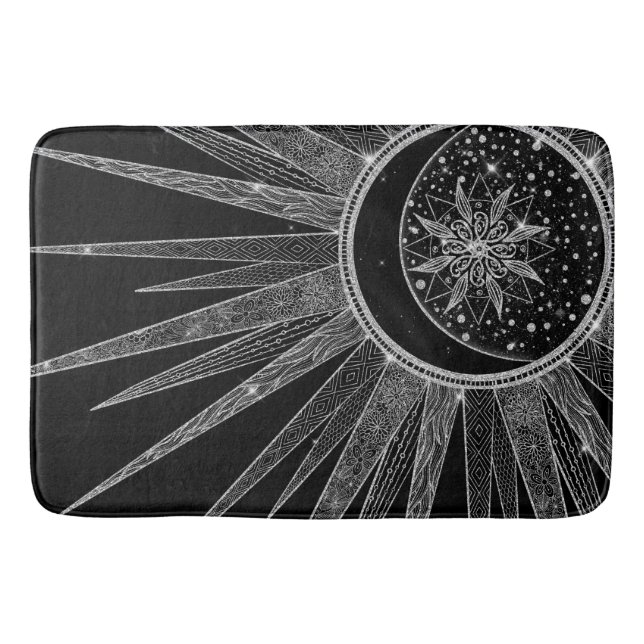 Elegantes Silver Sun Moon Mandala Schwarzes Design Badematte (Vorderseite)