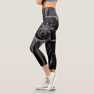 Elegantes Silver Sun Moon Mandala Schwarzes Design Capri Leggings